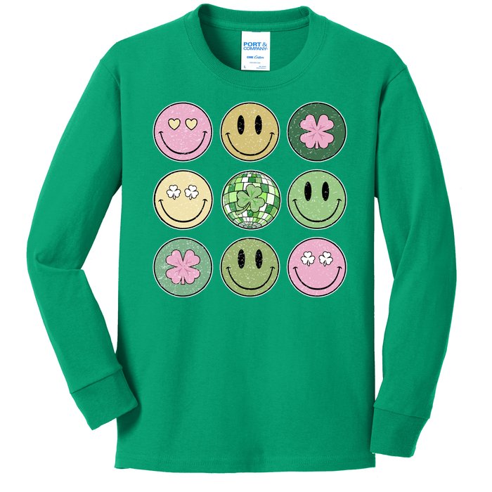 Shamrock Smile Face Disco Retro Groovy St Patricks Day Lucky Kids Long Sleeve Shirt