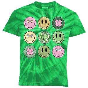 Shamrock Smile Face Disco Retro Groovy St Patricks Day Lucky Kids Tie-Dye T-Shirt