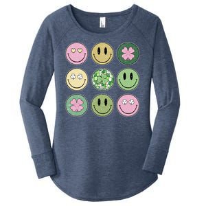 Shamrock Smile Face Disco Retro Groovy St Patricks Day Lucky Women's Perfect Tri Tunic Long Sleeve Shirt