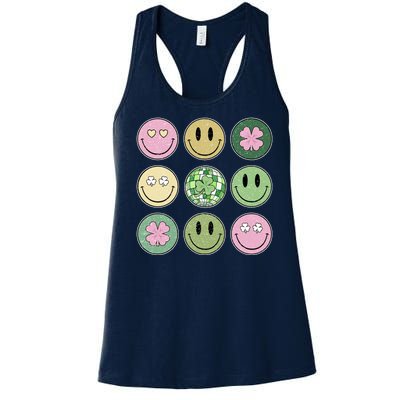 Shamrock Smile Face Disco Retro Groovy St Patricks Day Lucky Women's Racerback Tank