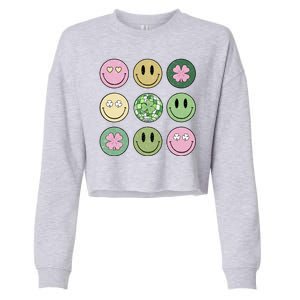 Shamrock Smile Face Disco Retro Groovy St Patricks Day Lucky Cropped Pullover Crew