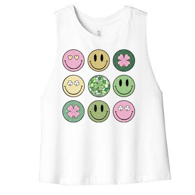 Shamrock Smile Face Disco Retro Groovy St Patricks Day Lucky Women's Racerback Cropped Tank