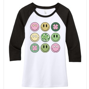 Shamrock Smile Face Disco Retro Groovy St Patricks Day Lucky Women's Tri-Blend 3/4-Sleeve Raglan Shirt