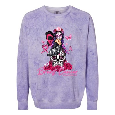 Sugar Skull Fight Breast Cancer Awareness Like A Girl Ribbon Colorblast Crewneck Sweatshirt