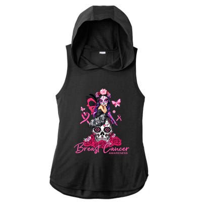 Sugar Skull Fight Breast Cancer Awareness Like A Girl Ribbon Ladies PosiCharge Tri-Blend Wicking Draft Hoodie Tank