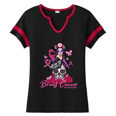 Sugar Skull Fight Breast Cancer Awareness Like A Girl Ribbon Ladies Halftime Notch Neck Tee