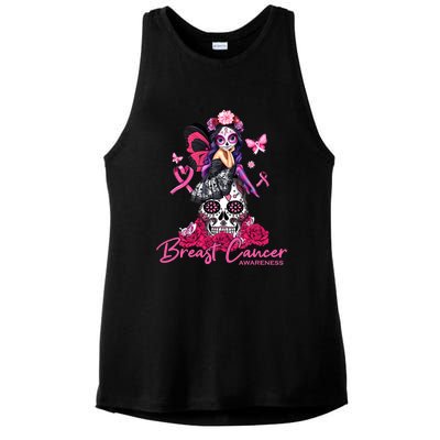 Sugar Skull Fight Breast Cancer Awareness Like A Girl Ribbon Ladies PosiCharge Tri-Blend Wicking Tank