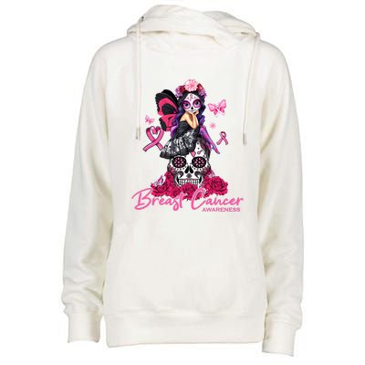 Sugar Skull Fight Breast Cancer Awareness Like A Girl Ribbon Womens Funnel Neck Pullover Hood