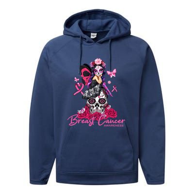 Sugar Skull Fight Breast Cancer Awareness Like A Girl Ribbon Performance Fleece Hoodie