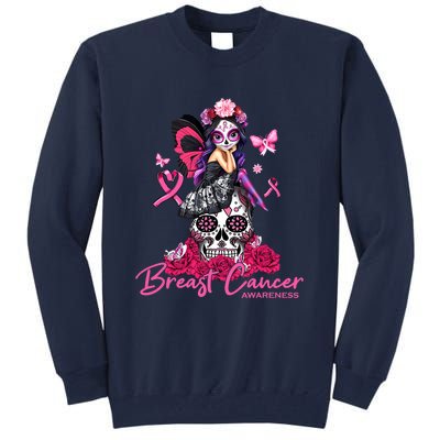 Sugar Skull Fight Breast Cancer Awareness Like A Girl Ribbon Tall Sweatshirt