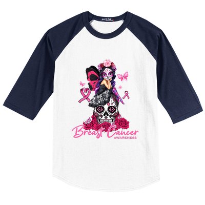 Sugar Skull Fight Breast Cancer Awareness Like A Girl Ribbon Baseball Sleeve Shirt