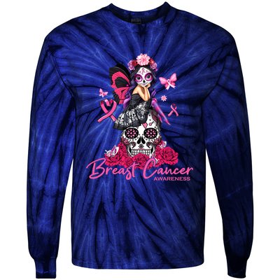 Sugar Skull Fight Breast Cancer Awareness Like A Girl Ribbon Tie-Dye Long Sleeve Shirt