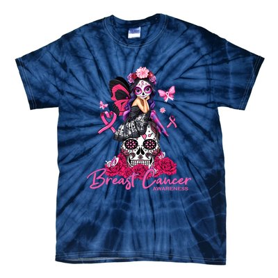 Sugar Skull Fight Breast Cancer Awareness Like A Girl Ribbon Tie-Dye T-Shirt