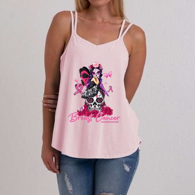 Sugar Skull Fight Breast Cancer Awareness Like A Girl Ribbon Women's Strappy Tank