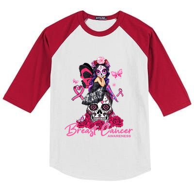 Sugar Skull Fight Breast Cancer Awareness Like A Girl Ribbon Kids Colorblock Raglan Jersey