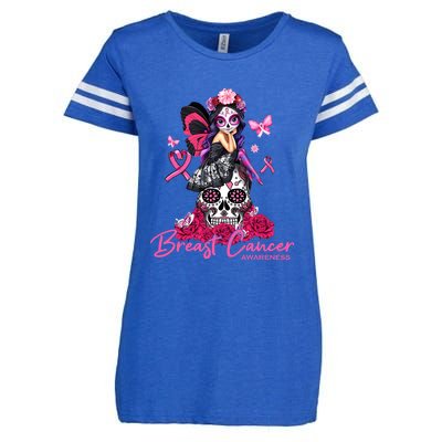 Sugar Skull Fight Breast Cancer Awareness Like A Girl Ribbon Enza Ladies Jersey Football T-Shirt