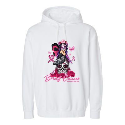 Sugar Skull Fight Breast Cancer Awareness Like A Girl Ribbon Garment-Dyed Fleece Hoodie