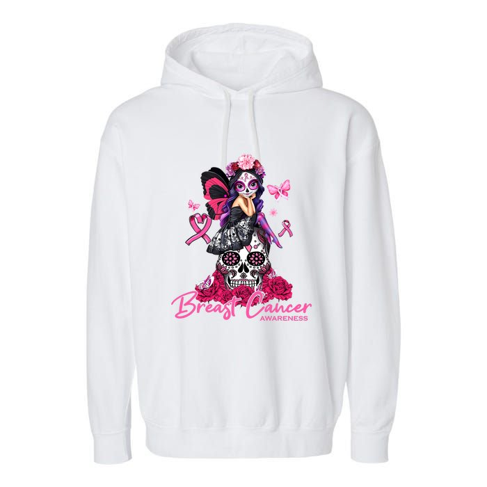 Sugar Skull Fight Breast Cancer Awareness Like A Girl Ribbon Garment-Dyed Fleece Hoodie