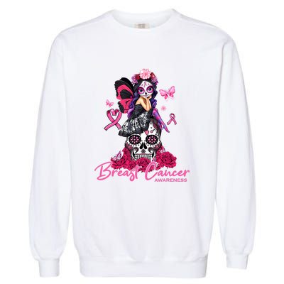 Sugar Skull Fight Breast Cancer Awareness Like A Girl Ribbon Garment-Dyed Sweatshirt