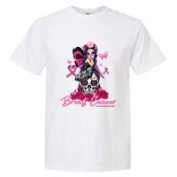 Sugar Skull Fight Breast Cancer Awareness Like A Girl Ribbon Garment-Dyed Heavyweight T-Shirt