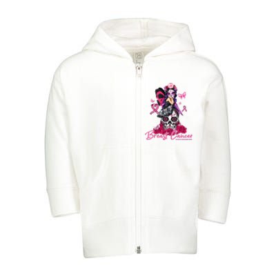 Sugar Skull Fight Breast Cancer Awareness Like A Girl Ribbon Toddler Zip Fleece Hoodie