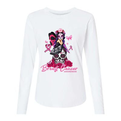 Sugar Skull Fight Breast Cancer Awareness Like A Girl Ribbon Womens Cotton Relaxed Long Sleeve T-Shirt