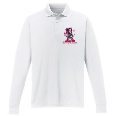 Sugar Skull Fight Breast Cancer Awareness Like A Girl Ribbon Performance Long Sleeve Polo