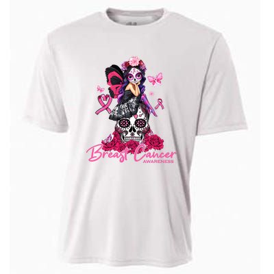 Sugar Skull Fight Breast Cancer Awareness Like A Girl Ribbon Cooling Performance Crew T-Shirt