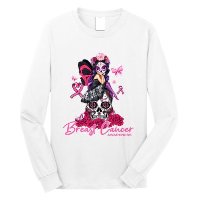 Sugar Skull Fight Breast Cancer Awareness Like A Girl Ribbon Long Sleeve Shirt