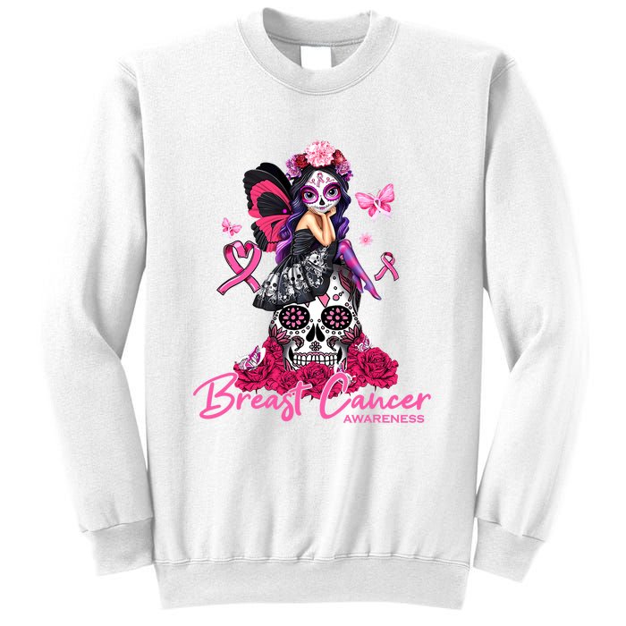 Sugar Skull Fight Breast Cancer Awareness Like A Girl Ribbon Sweatshirt