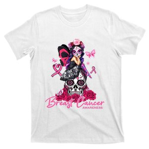 Sugar Skull Fight Breast Cancer Awareness Like A Girl Ribbon T-Shirt