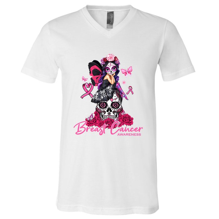 Sugar Skull Fight Breast Cancer Awareness Like A Girl Ribbon V-Neck T-Shirt