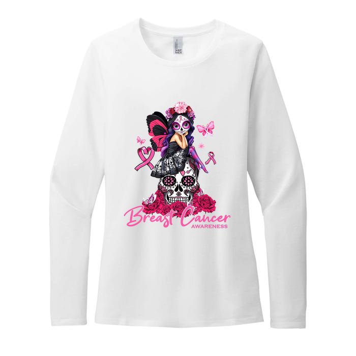 Sugar Skull Fight Breast Cancer Awareness Like A Girl Ribbon Womens CVC Long Sleeve Shirt