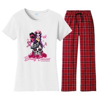 Sugar Skull Fight Breast Cancer Awareness Like A Girl Ribbon Women's Flannel Pajama Set