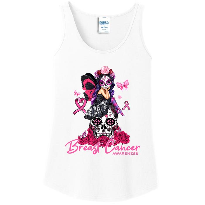 Sugar Skull Fight Breast Cancer Awareness Like A Girl Ribbon Ladies Essential Tank