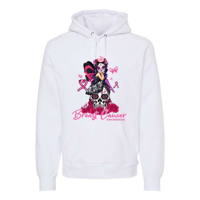 Sugar Skull Fight Breast Cancer Awareness Like A Girl Ribbon Premium Hoodie