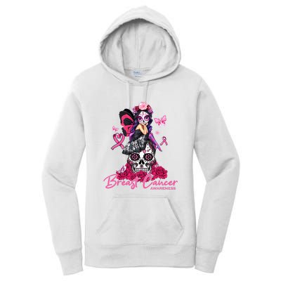 Sugar Skull Fight Breast Cancer Awareness Like A Girl Ribbon Women's Pullover Hoodie