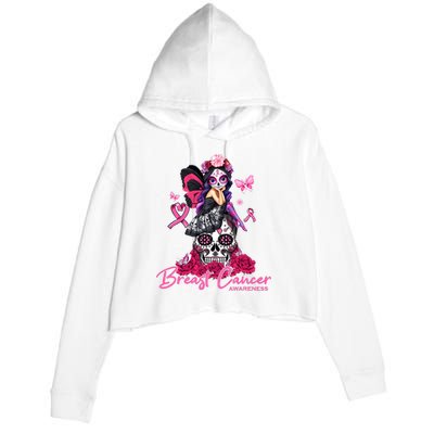 Sugar Skull Fight Breast Cancer Awareness Like A Girl Ribbon Crop Fleece Hoodie