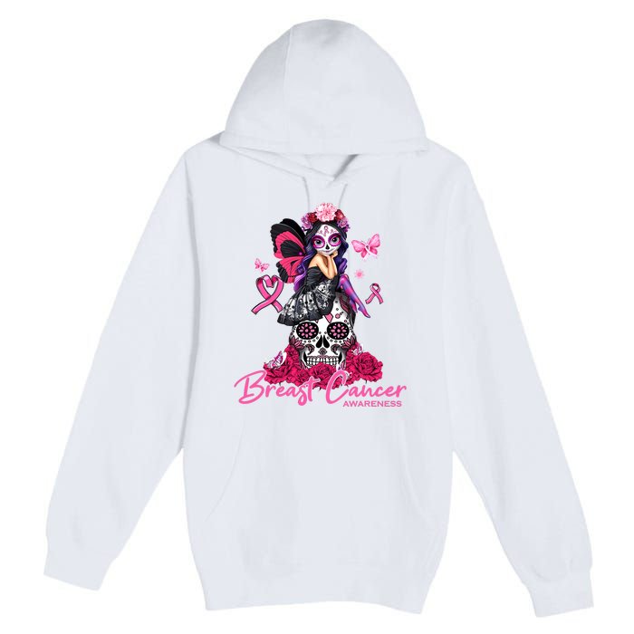 Sugar Skull Fight Breast Cancer Awareness Like A Girl Ribbon Premium Pullover Hoodie