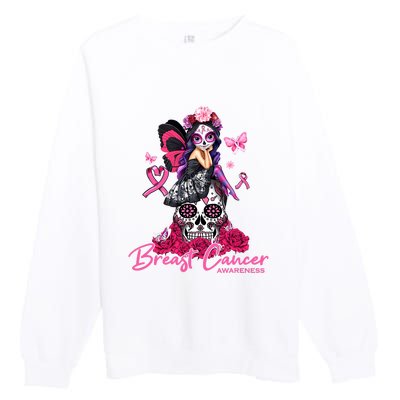 Sugar Skull Fight Breast Cancer Awareness Like A Girl Ribbon Premium Crewneck Sweatshirt