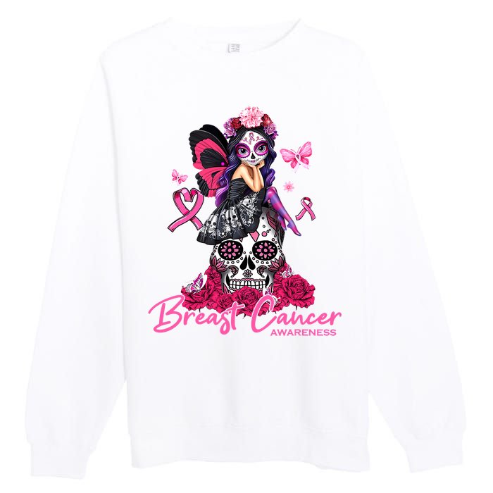 Sugar Skull Fight Breast Cancer Awareness Like A Girl Ribbon Premium Crewneck Sweatshirt