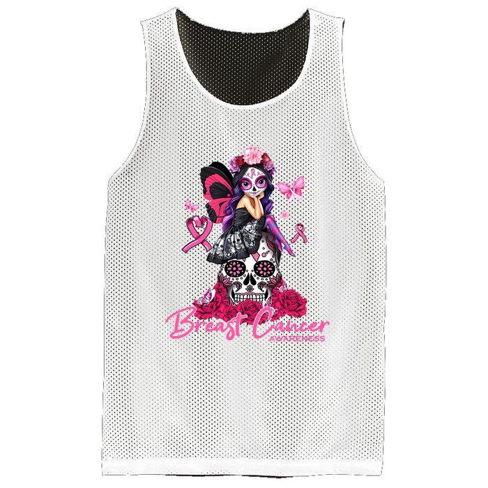 Sugar Skull Fight Breast Cancer Awareness Like A Girl Ribbon Mesh Reversible Basketball Jersey Tank