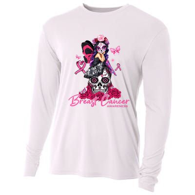 Sugar Skull Fight Breast Cancer Awareness Like A Girl Ribbon Cooling Performance Long Sleeve Crew