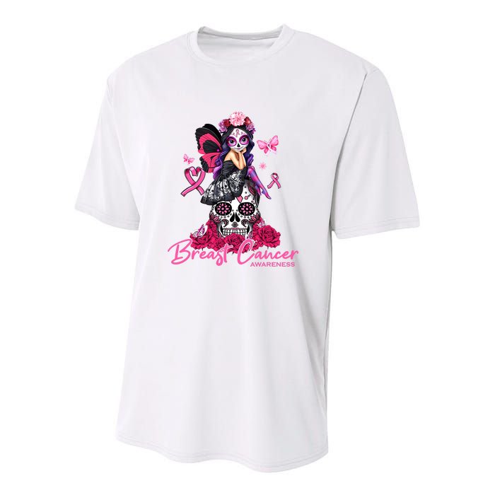 Sugar Skull Fight Breast Cancer Awareness Like A Girl Ribbon Youth Performance Sprint T-Shirt