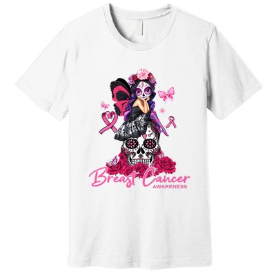 Sugar Skull Fight Breast Cancer Awareness Like A Girl Ribbon Premium T-Shirt