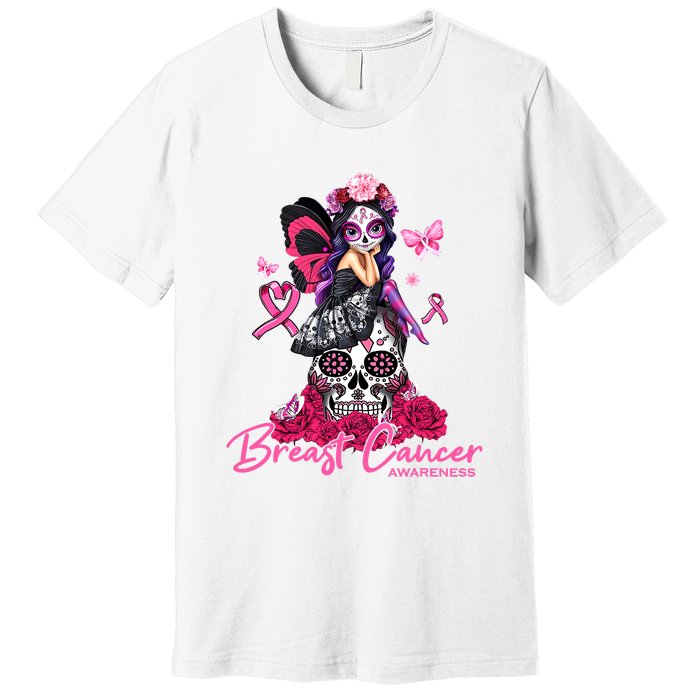 Sugar Skull Fight Breast Cancer Awareness Like A Girl Ribbon Premium T-Shirt