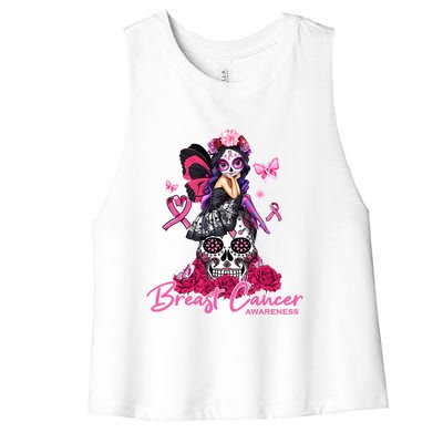 Sugar Skull Fight Breast Cancer Awareness Like A Girl Ribbon Women's Racerback Cropped Tank