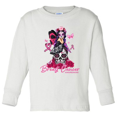 Sugar Skull Fight Breast Cancer Awareness Like A Girl Ribbon Toddler Long Sleeve Shirt