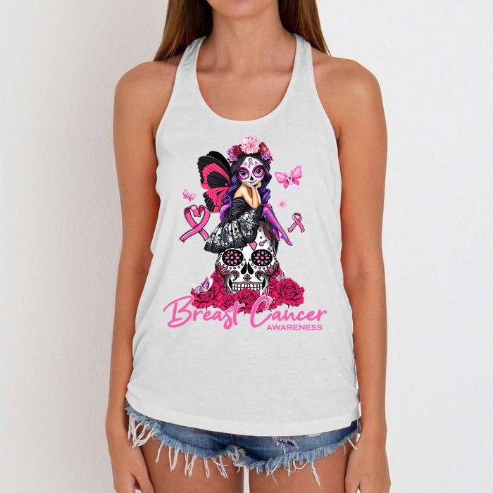 Sugar Skull Fight Breast Cancer Awareness Like A Girl Ribbon Women's Knotted Racerback Tank