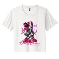 Sugar Skull Fight Breast Cancer Awareness Like A Girl Ribbon Women's Crop Top Tee